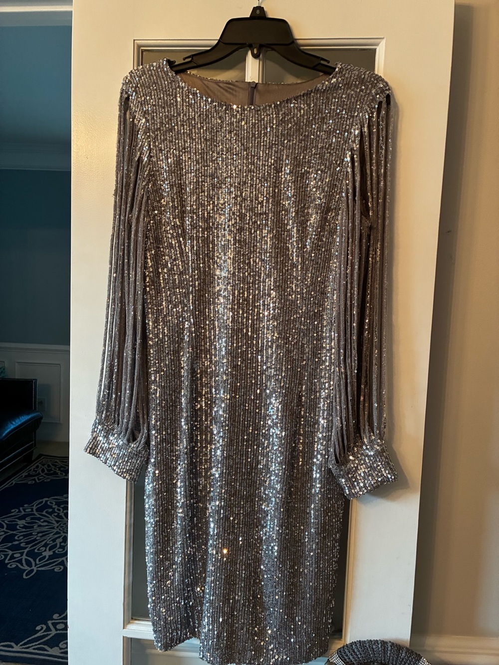 Silver Sequin Long Sleeve Shift Dress